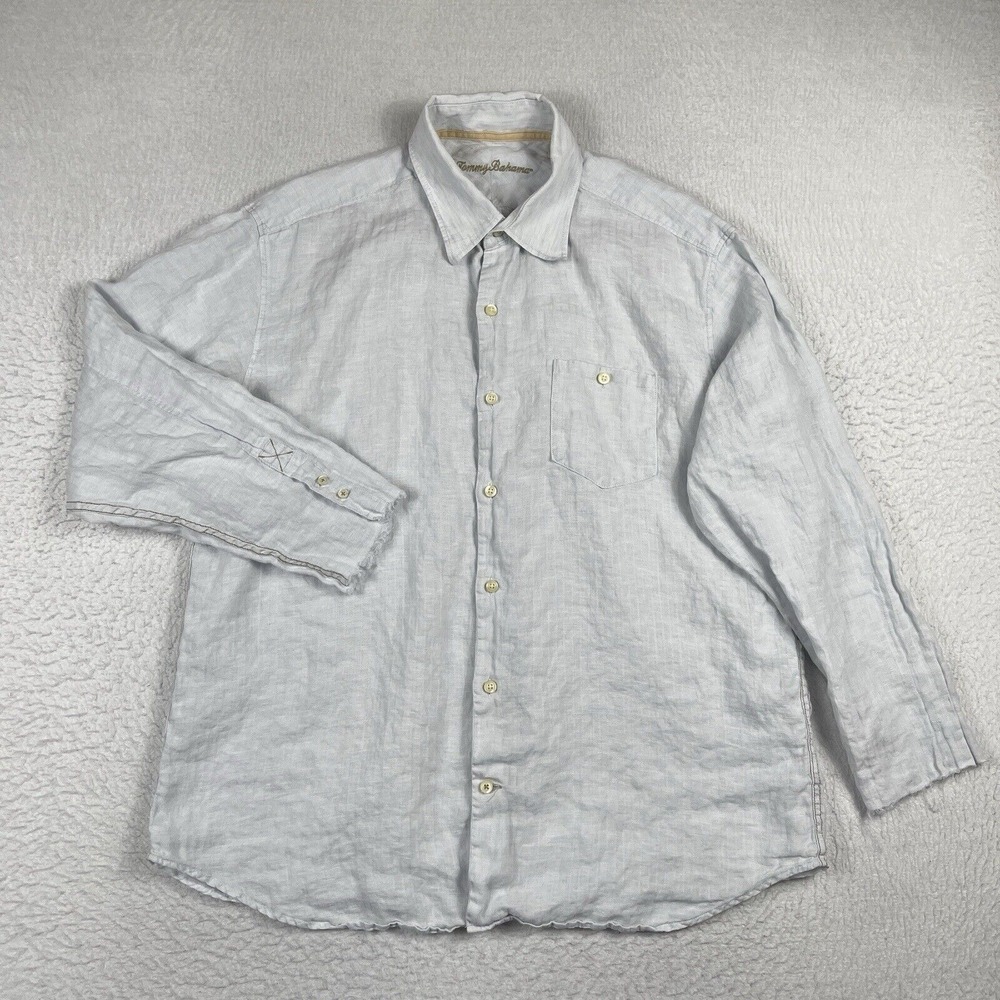 Tommy Bahama Shirt Mens XL Light Blue Linen Nautical Coastal Cutoff Sleeve Cuffs